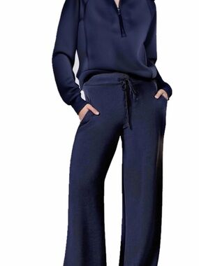 Women’s 2XL Navy 2 Piece Lounge Set Quarter Zip Wide Leg Pants Pockets
